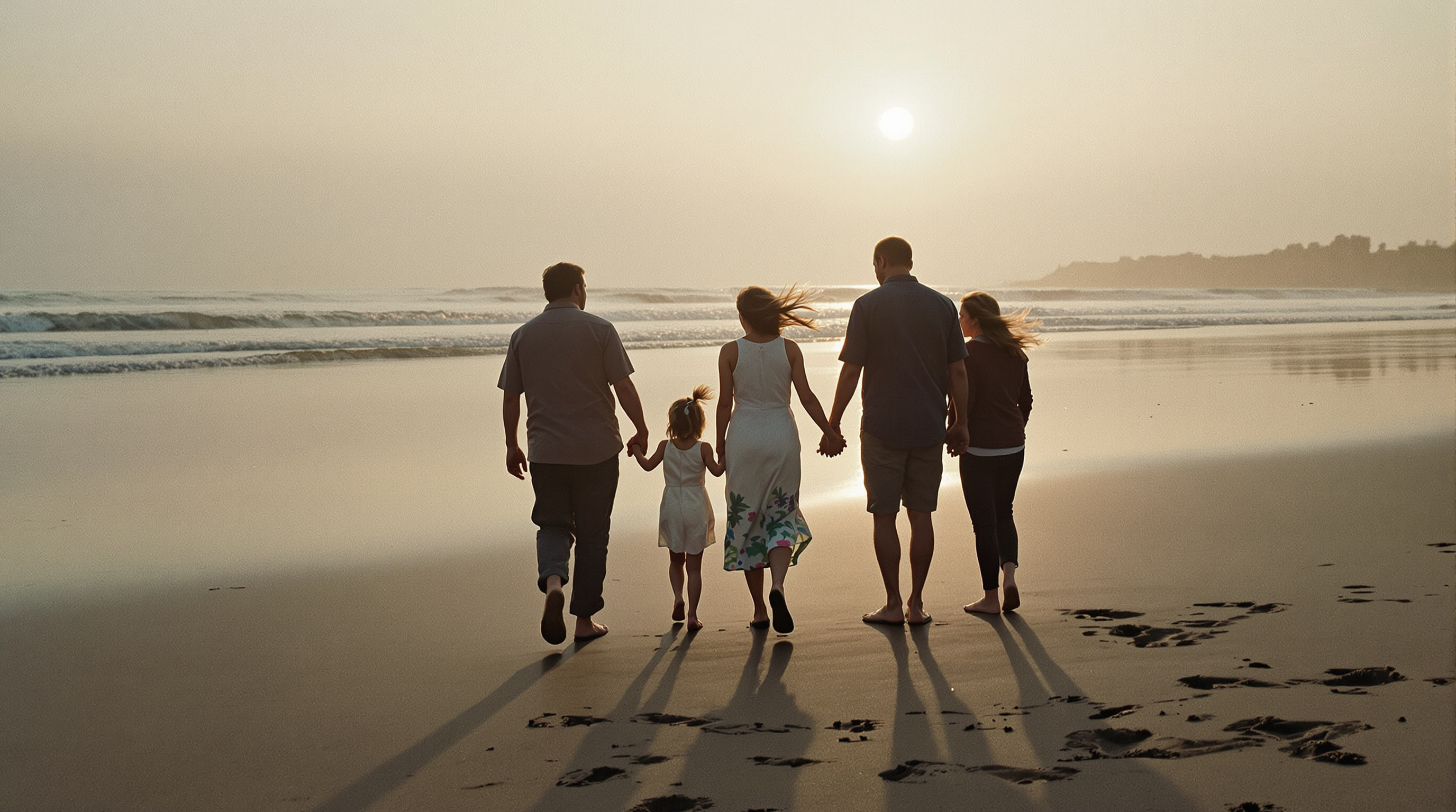 Eine Familie hält sich an den Händen am Strand im Sonnenuntergang