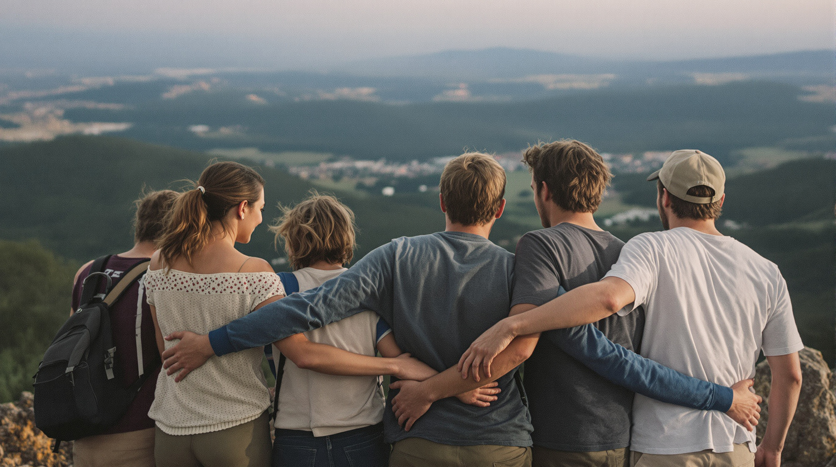 Eine Gruppe Arm in Arm auf einem Hügel vor einer weiten Aussicht