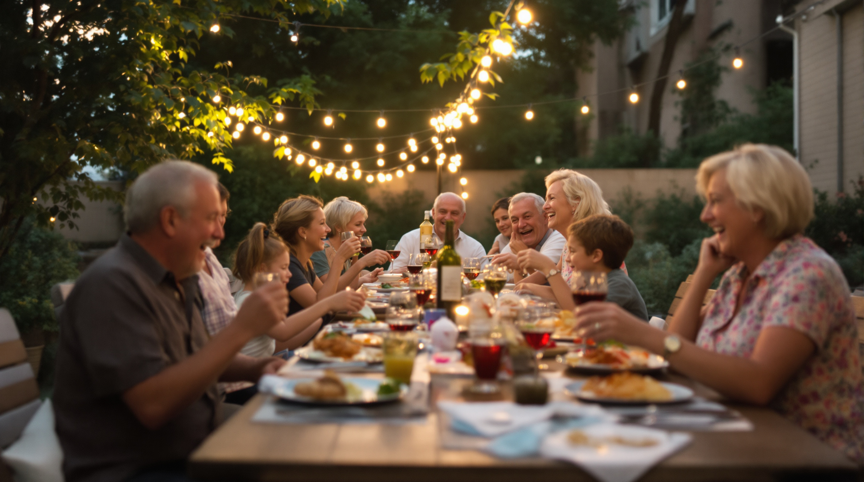 Eine Familie lacht gemeinsam im Sonnenuntergang